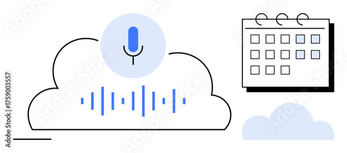 Cloud with microphone, sound waves, and calendar elements showcasing voice recording, data storage, and task organization. Ideal for productivity, technology, communication, scheduling planning
