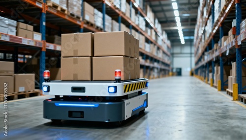 Autonomous mobile robot transports packages down a long aisle in a large, modern distribution warehouse.
