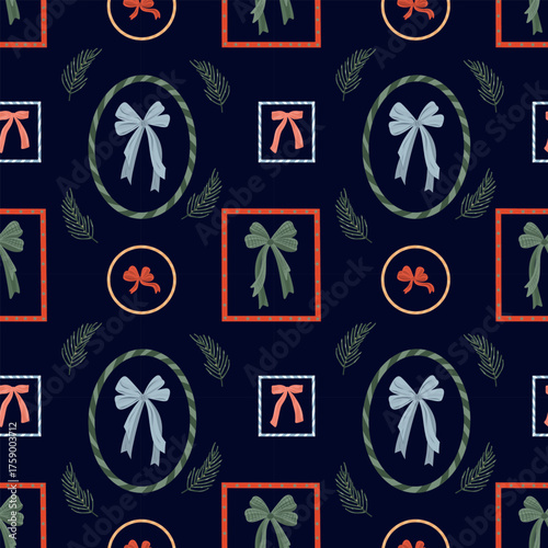 Christmas patchwork seamless pattern on a dark background. Cute holiday framed repeat background. Bow, spruce twig. Geometric elements, borders, frames