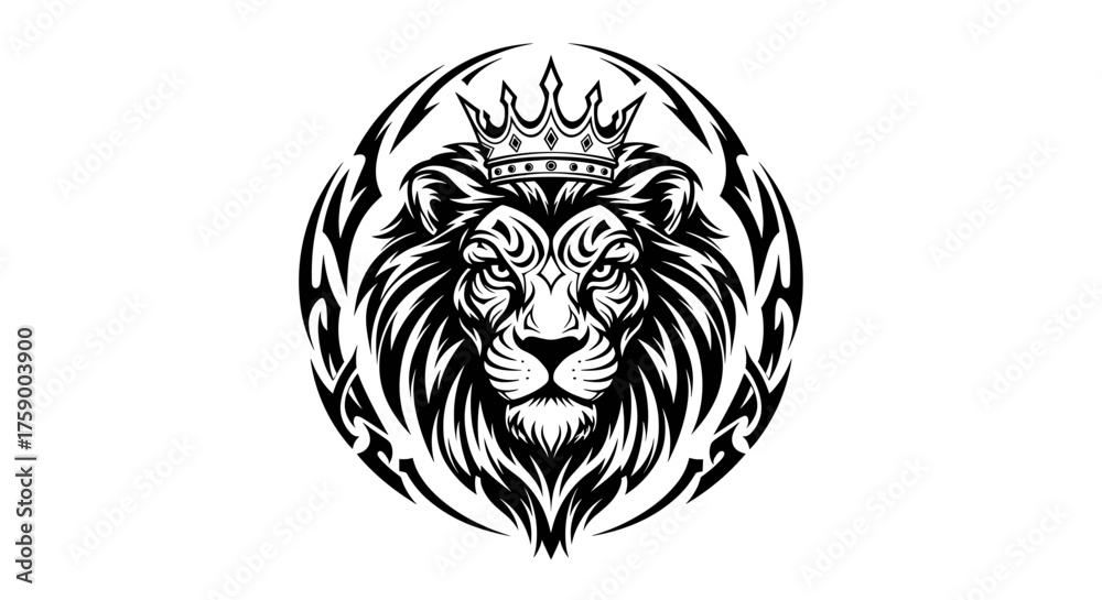 Fototapeta premium Lion head with crown vector illustration king animal tattoo design graphic majestic predator mammal strength power