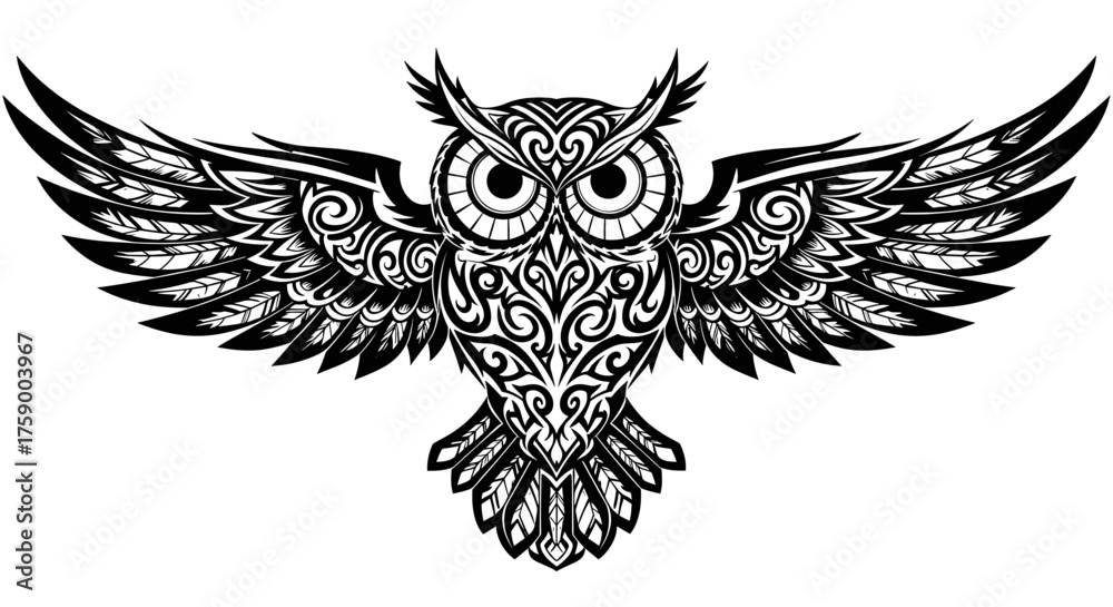 Fototapeta premium Tribal owl tattoo design vector illustration flying owl with open wings detailed owl drawing for art