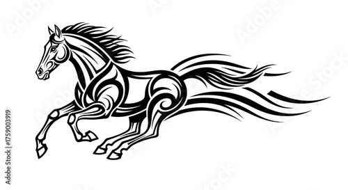 Galloping horse tribal tattoo design vector illustration black and white equine animal run silhouette art graphic