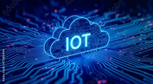 Glowing IoT cloud icon over a futuristic circuit board. Digital data flowing through a network connection. Internet of Things and cloud computing technology concept