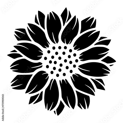 Vector isolated black and white stylized sunflower top view blossom flower seeds petals round stencil for craft, art, painting, scrapbooking