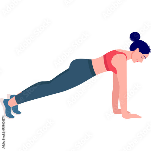 woman doing plank exercise, red top, blue pants clip art preview