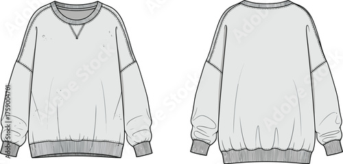 Crew neck sweatshirt sketch, front and back view, ribbed cuffs and hem, vintage detail, fashion template, garment vector design