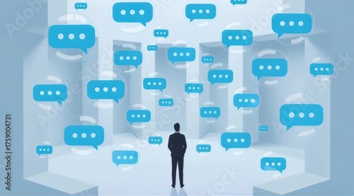Businessman in a futuristic space surrounded by floating message icons. Digital communication and social media network animation. Information overload and online chat concept