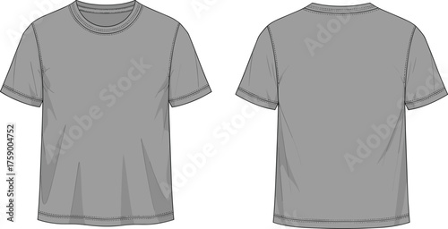 Gray T-shirt technical illustration, front and back view, crew neck, short sleeves, garment design, fashion vector template