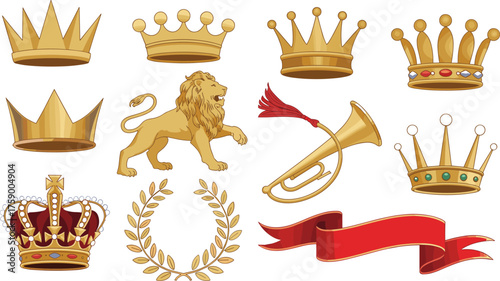 Royal symbol collection, ornate crowns, golden lion, laurel wreath, trumpet, ribbon banner, heraldic elements, regal vector icon set
