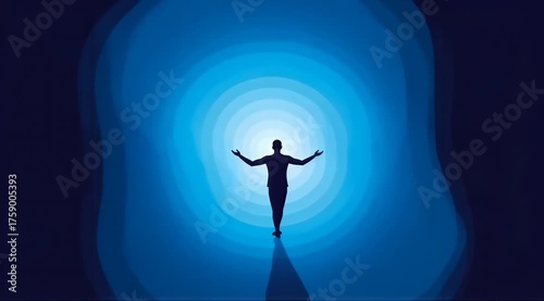 Silhouette of a person with open arms at the entrance of a glowing blue light tunnel. Abstract animation representing hope, spirituality, and the future. Success and discovery concept
