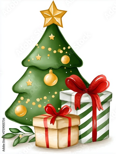 Festive Christmas tree adorned with ornaments and star, surrounded by beautifully wrapped gifts, creating a joyful holiday atmosphere, festive spirit and celebration