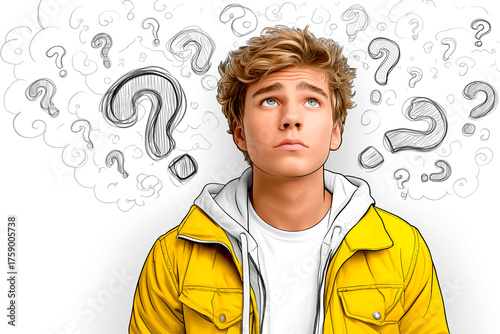Young man in yellow jacket looking up with thoughtful expression, surrounded by question marks, representing curiosity and contemplation in a creative illustration
