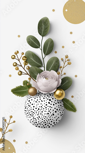 Elegant floral arrangement in a decorative vase featuring lush greenery and delicate blooms, complemented by golden accents and a modern design concept and a contemporary aesthetic