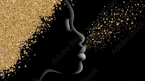 Abstract representation of energy flow, featuring golden particles moving through a human silhouette, symbolizing creativity and dynamic expression