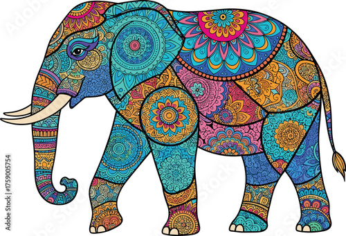 Mandala elephant illustration, colorful paisley design, stylized animal art, vibrant patterns, decorative vector, cultural symbolism, boho wildlife, ethnic motif