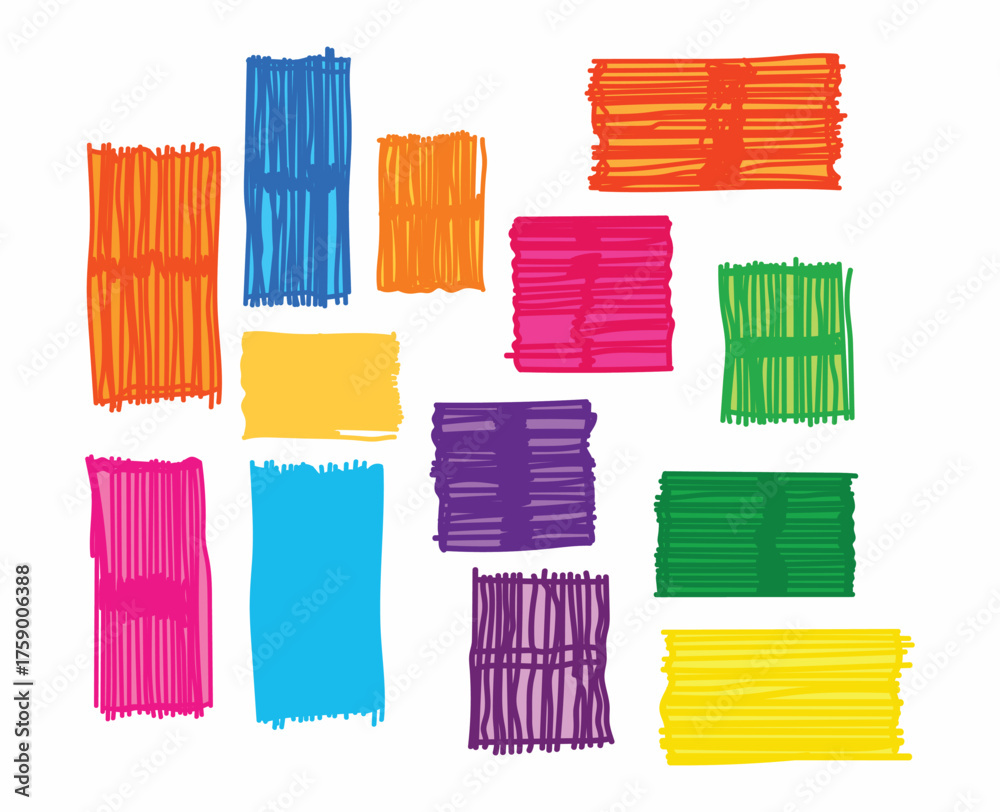 Fototapeta premium Collection of colorful abstract rectangular brush stroke elements in various vibrant hues on a white background