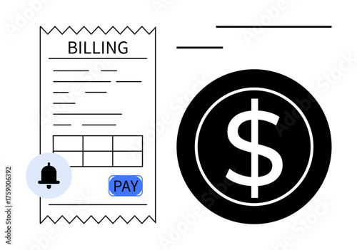 Billing receipt with details, notification bell icon, and large dollar sign representing payment. Ideal for finance, online payment, bill tracking, accounting, money management, alerts simple flat