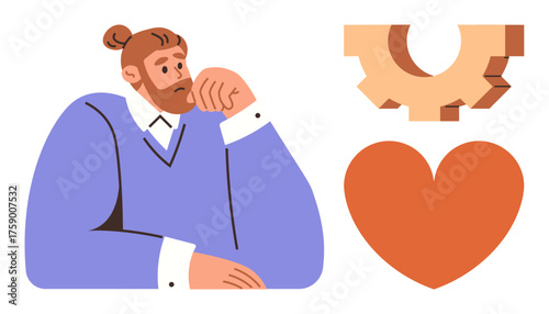 Man in reflective pose beside cogwheel and heart, representing balance of logic and feelings. Ideal for self-reflection, decision-making, self-awareness, psychology, balance, communication