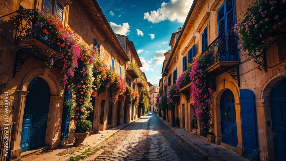 Fototapeta premium Charming cobblestone street adorned with vibrant flowers and colorful doors under a bright blue sky in a peaceful village setting