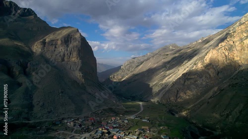 Aerial view of high cliffs in a mountain gorge. Landscape and nature of the North Caucasus
