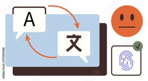 Two speech bubbles with translated text arrows, fingerprint authentication, approval checkmark, and neutral face. Ideal for communication, translation, language learning, identity, security