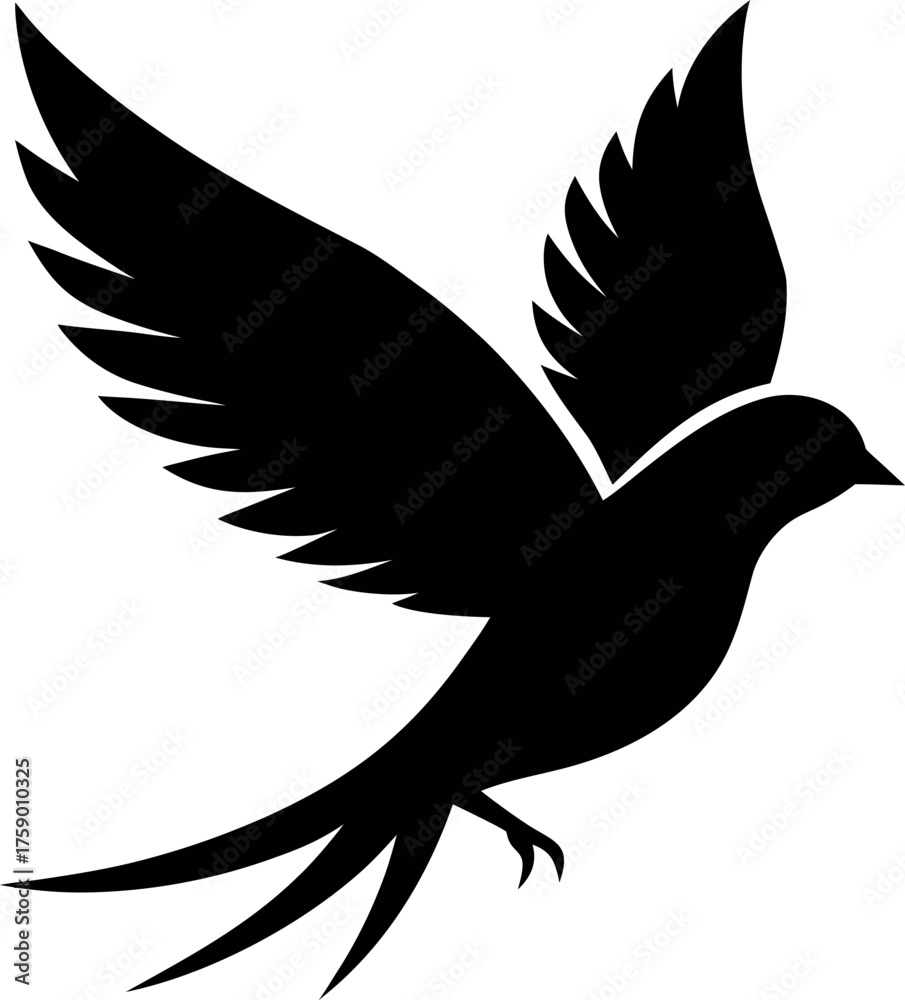 Obraz premium Stylized Black Silhouette of Symmetrical Bird in Flight with Split Tail Feathers