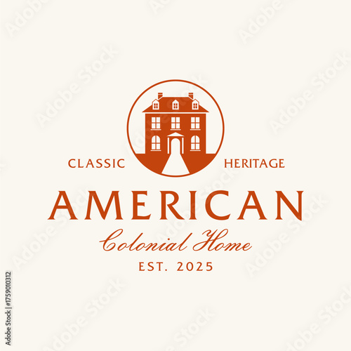 Vintage American Colonial House Logo Template. Luxury House Home Real Estate with Classic Vibes