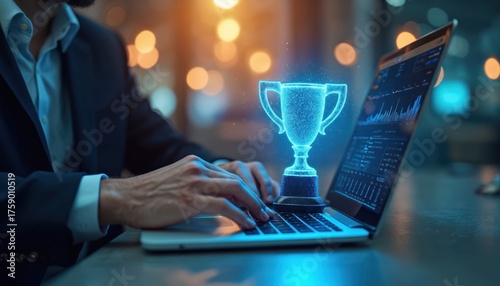 Businessman works on laptop with glowing trophy on keyboard. Man in suit uses computer with virtual award. Employee achieves company goals, gets recognition. Businessperson in office with bokeh