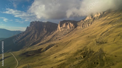 Aerial view of high cliffs in a mountain gorge. Landscape and nature of the North Caucasus