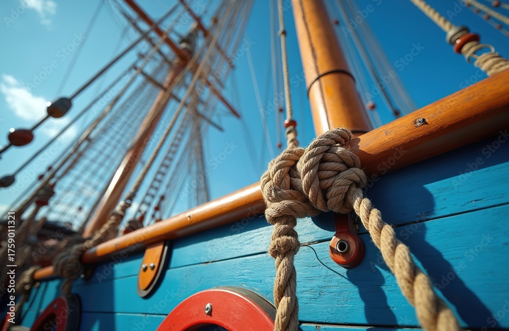 Obraz premium Old sailing ship with wooden mast and ropes tied in knots on blue deck. Wooden railings and red metal fixtures. Ropes and rigging on historic vessel under clear sky.