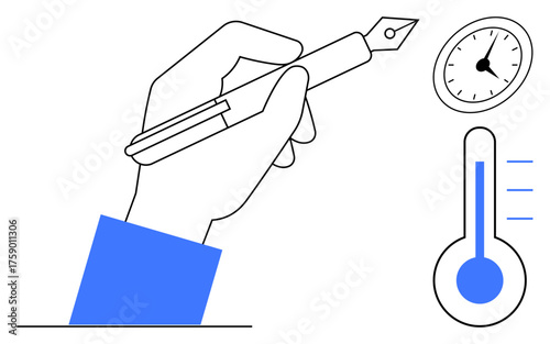Hand writing with pen, alongside a clock and thermometer, representing time, precision, and measurement. Ideal for productivity, time management, progress tracking, precision deadlines efficiency
