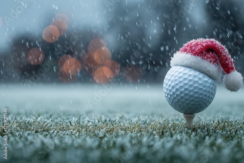 Golf ball wearing Santa hat on tee in snowy field, festive winter sports scene with falling snow and bokeh lights
