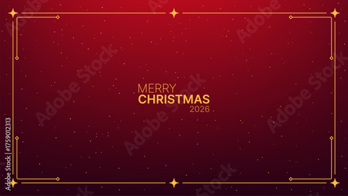 Merry Christmas 2026 text with ornate gold frame on a festive red background with stars, a holiday greeting card design.