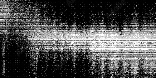 Distressed pixel noise texture with horizontal glitch pattern. High-contrast stipple distortion in monochrome palette, raw grunge surface and digital interference effect, vector illustration