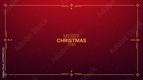 Merry Christmas 2026 text with a golden frame and star ornament. Holiday greeting card design for upcoming winter celebration. Festive background.