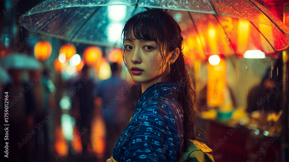Obraz premium 女性が雨の夜の祭りで和傘を差し、濡れた提灯の反射に佇む