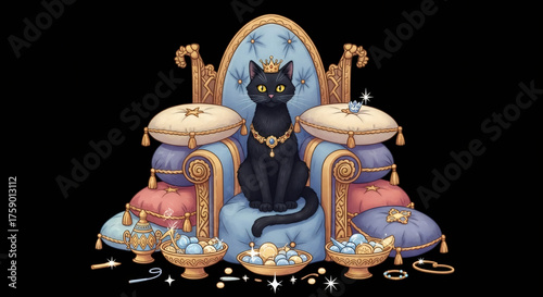 Black cat with a golden crown and jewelry sitting on a luxurious throne surrounded by cushions and treasures. Royal pet concept for pet lovers.