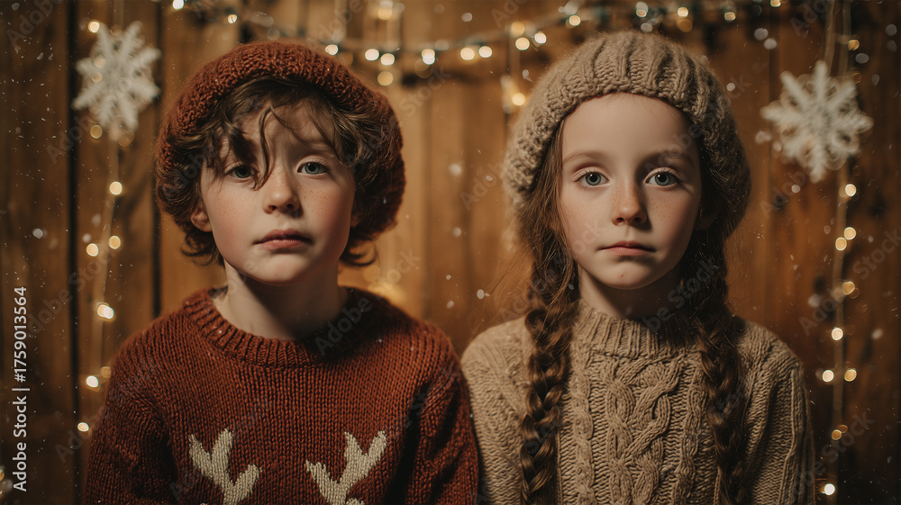 Fototapeta premium 朝の柔光と電球色が交差する木壁前で三人の子どもが微笑む