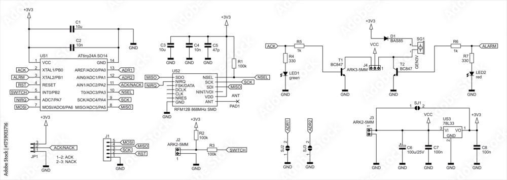 Fototapeta premium Schematic diagram of electronic device on white background. Vector drawing electrical circuit with microcontroller, led, connector, resistor, gate of integrated circuit, capacitor, other components.