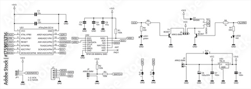 Schematic diagram of electronic device 
on white background. Vector drawing electrical circuit with microcontroller, led, connector, resistor, gate of integrated circuit, capacitor, other components.