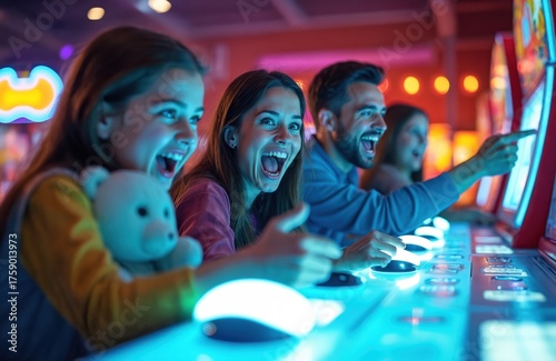 Family of four plays video games together. Mom, dad, two daughters have fun in arcade. People enjoy playing joystick games. Family bonding time in entertainment center. Happy family leisure activity.