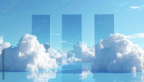 Three vertical, transparent rectangles are superimposed on a scene of fluffy white clouds and blue sky reflected in water.