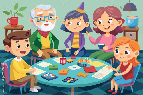 Multigenerational family sitting vector around table playing board games, laughter and shared happiness connecting grandparents, parents, and kids.