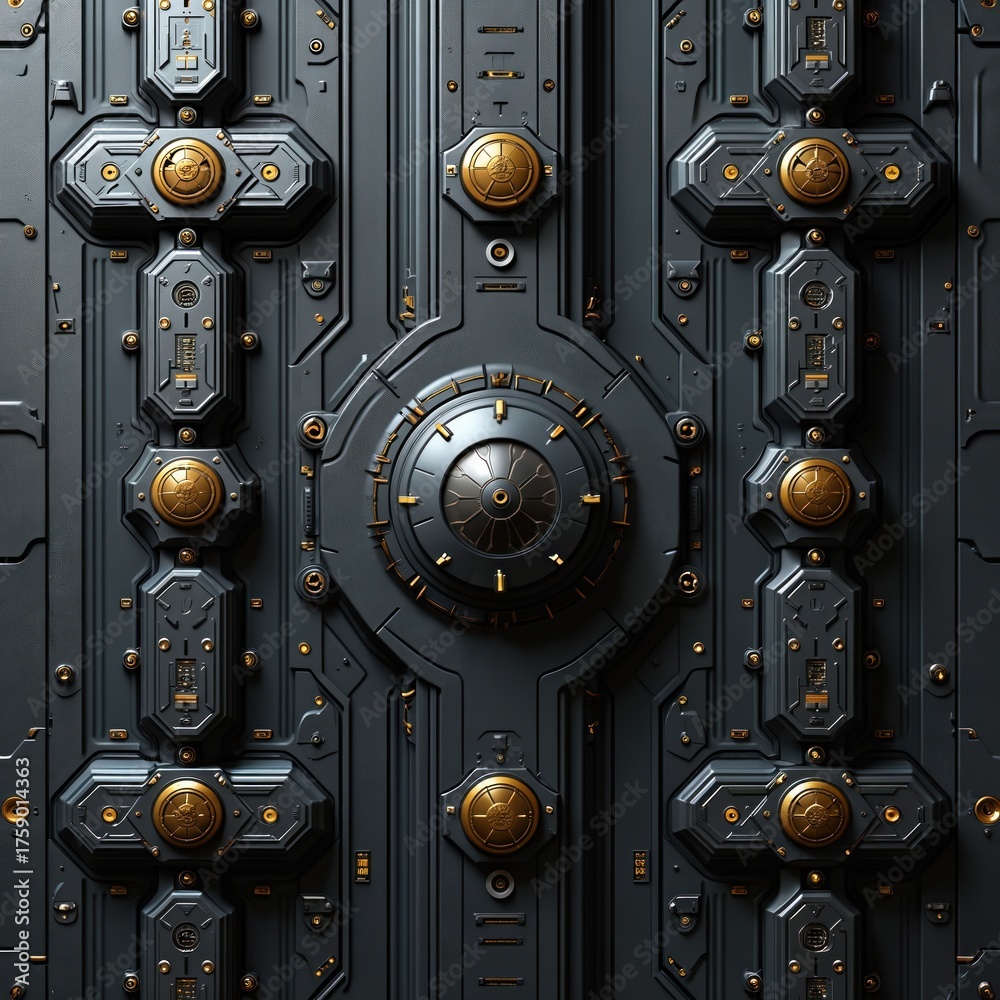Fototapeta premium Close-up of dark grey spaceship hull with gold accents. Metallic surface features bolts, panels, and intricate details. Seamless pattern of sci-fi elements, futuristic design.