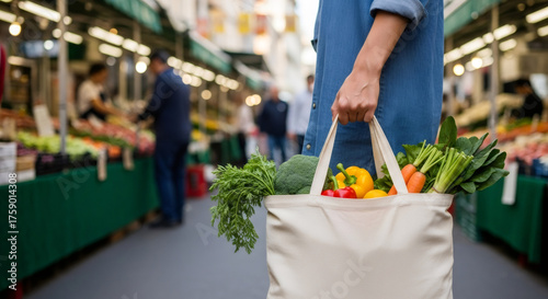 Woman holding a reusable textile bag full of fresh vegetables and fruit at a local outdoor marketplace. Healthy grocery shopping experience at a farmers market.