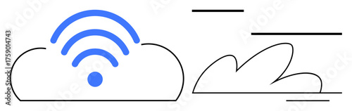 Blue wireless signal radiates from a cloud with minimal line elements. Ideal for technology, connectivity, cloud storage, wireless communication, networking, data transfer, digital innovation. Clean
