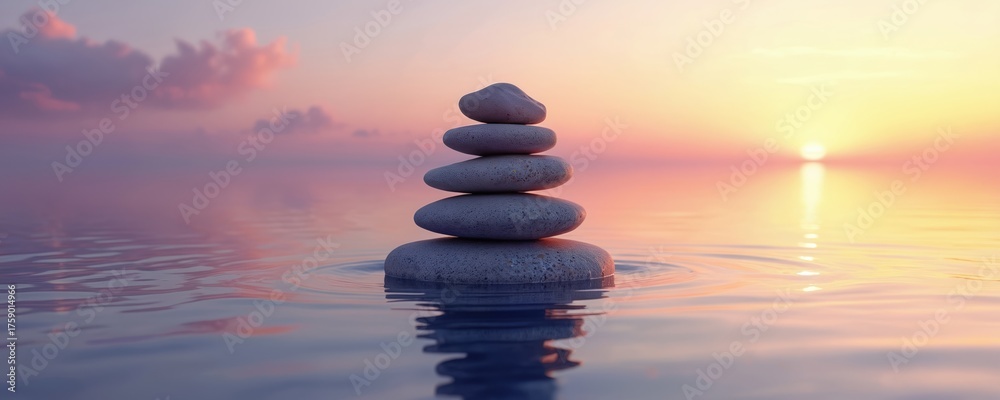 Fototapeta premium Stack of smooth stones balanced on calm water surface at sunrise. Pastel sky and sun reflection create serene peaceful mood. Zen pebble tower.