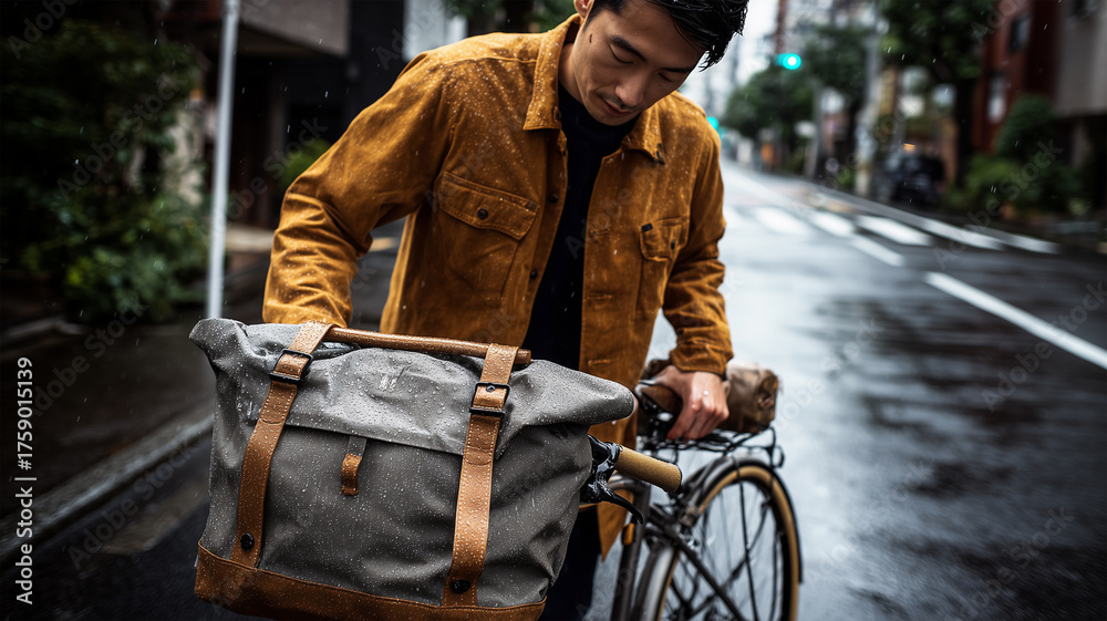 Obraz premium 男性が霧雨の朝に自転車通勤の途中で革トートへ雨用カバーを装着する