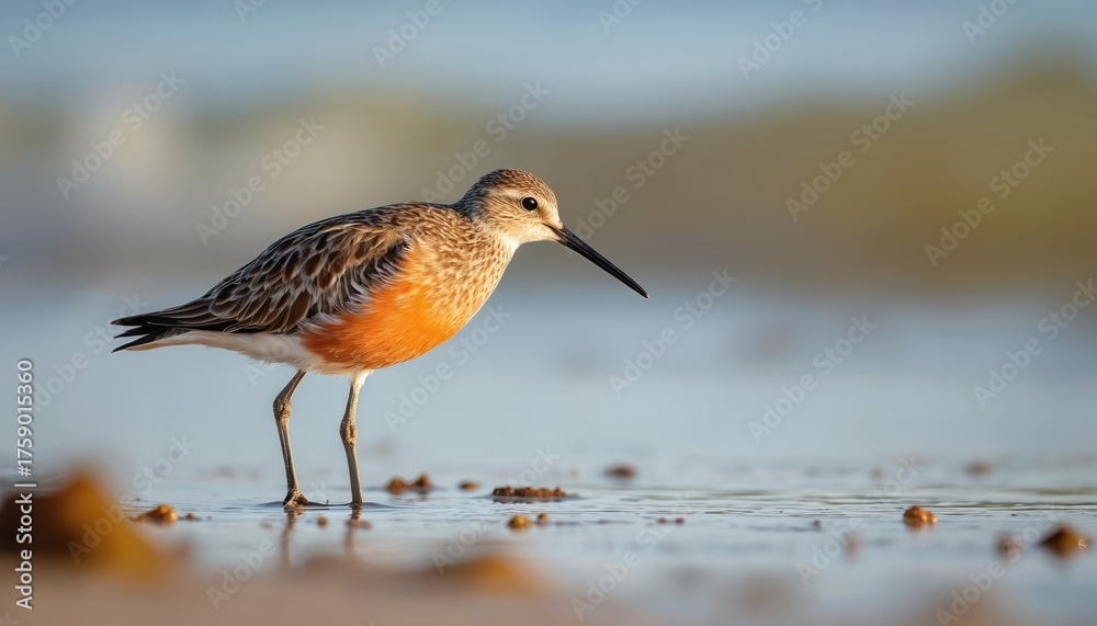 Fototapeta premium Red knot bird stands on long legs in shallow water on beach with orange breast and brown feathers. Shorebird searches for food with long beak in wet sand.