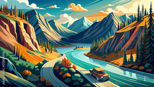 Very beautiful car hugging a road that runs along a fast, narrow river at the foot of rugged Alaskan mountains, autumn light catching the peaks, wilderness surrounding every turn — a travel scene to 